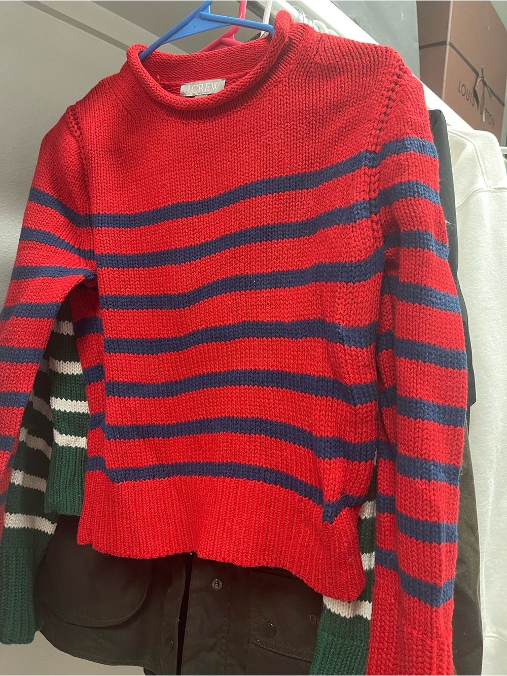J. Crew Red Rollneck Sweater with Navy Stripes